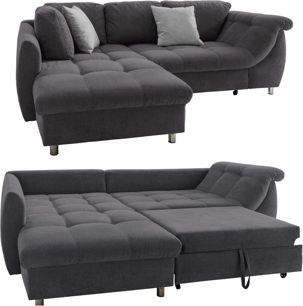 ECKSOFA mit Schlaffunktion, Bettkasten, Wellenunterfederung, Ottomane links B250/T190/H84 cm, Liegefl. 179x190 cm, Mikrofaser Anthrazit Bild 1