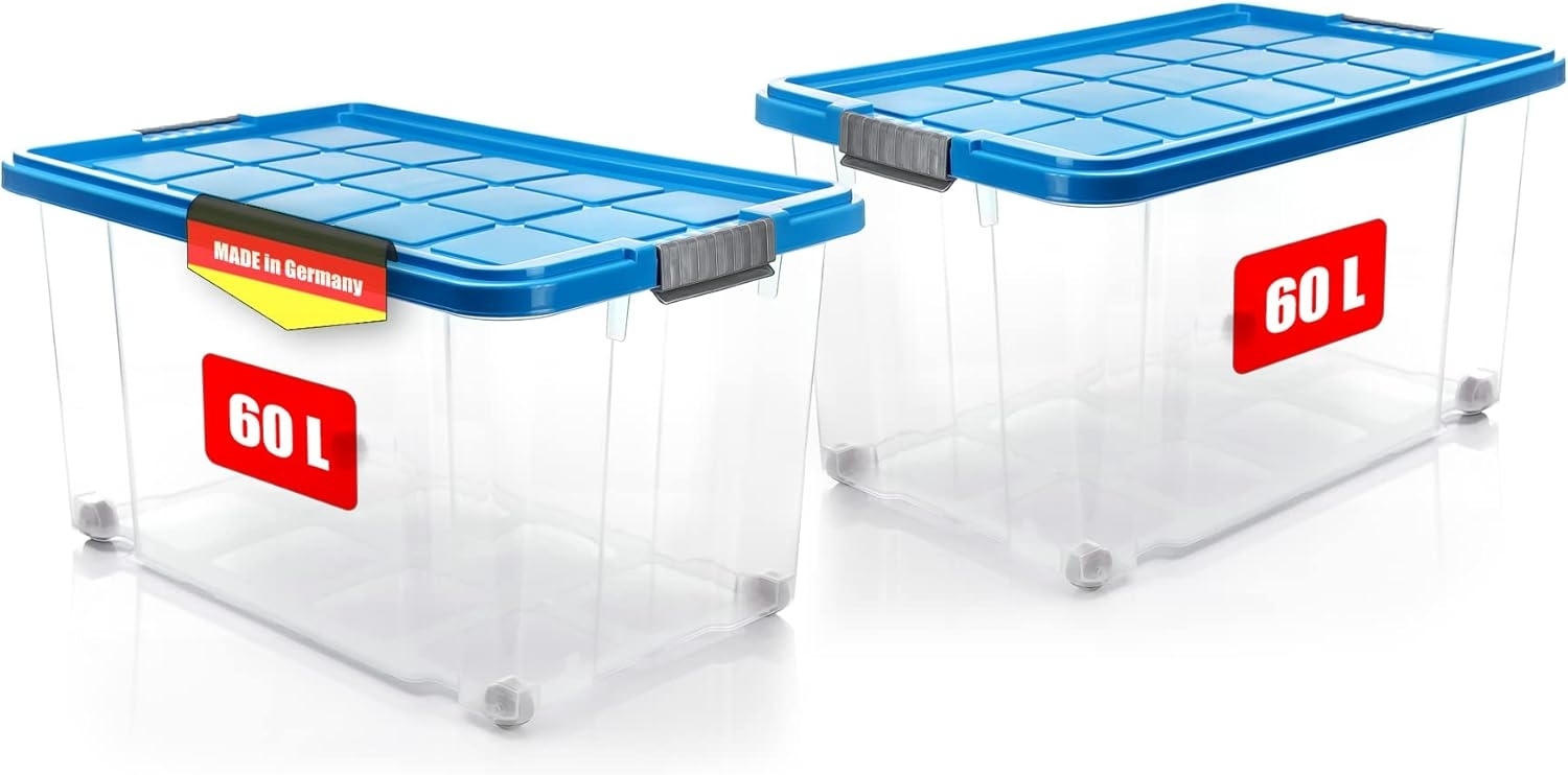 BigDean 2 Stück 60 L Aufbewahrungsbox mit Deckel groß azurblau - stapelbare robuste Box - rollbare Stapelbox mit festen Klickverschlüssen - Made in Germany Bild 1