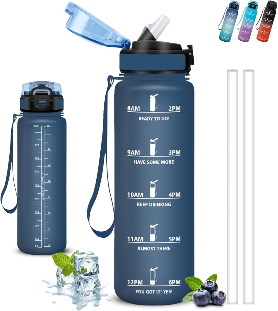 Trinkflasche 1l, Trinkflasche Sport, Trinkflaschen mit Strohhalm, Auslaufsicher, Wasserflasche Kohlensäure Geeignet, Kann mit dir Tragen, Wasserflasche mit Zeitmarkierung, Flasche für Fitness, Wandern Bild 1