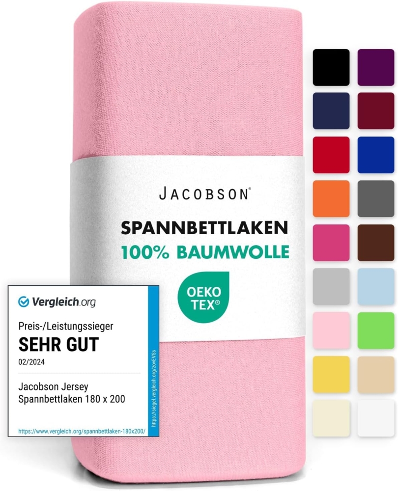 Jacobson Jersey Spannbettlaken Spannbetttuch Baumwolle Bettlaken (90x200-100x200 cm, Rosa) Bild 1