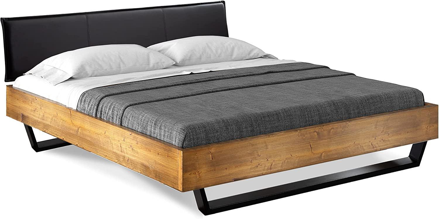 Möbel-Eins CURBY Kufenbett mit Polster-Kopfteil, Material Massivholz, rustikale Altholzoptik, Fichte, Kufen schwarz vintage 200x200 cm Kunstleder Schwarz ohne Steppung Bild 1