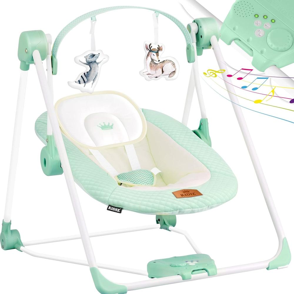 KIDIZ® Babywippe Babyschaukel mit 5 Geschwindigkeitseinstellungen zusammenklappbarer Baby Wippe Schaukel Babyhochstuhl mit Spielbogen Spielzeugen 5 beruhigende Naturgeräusche neugeborene Mint Grün Bild 1