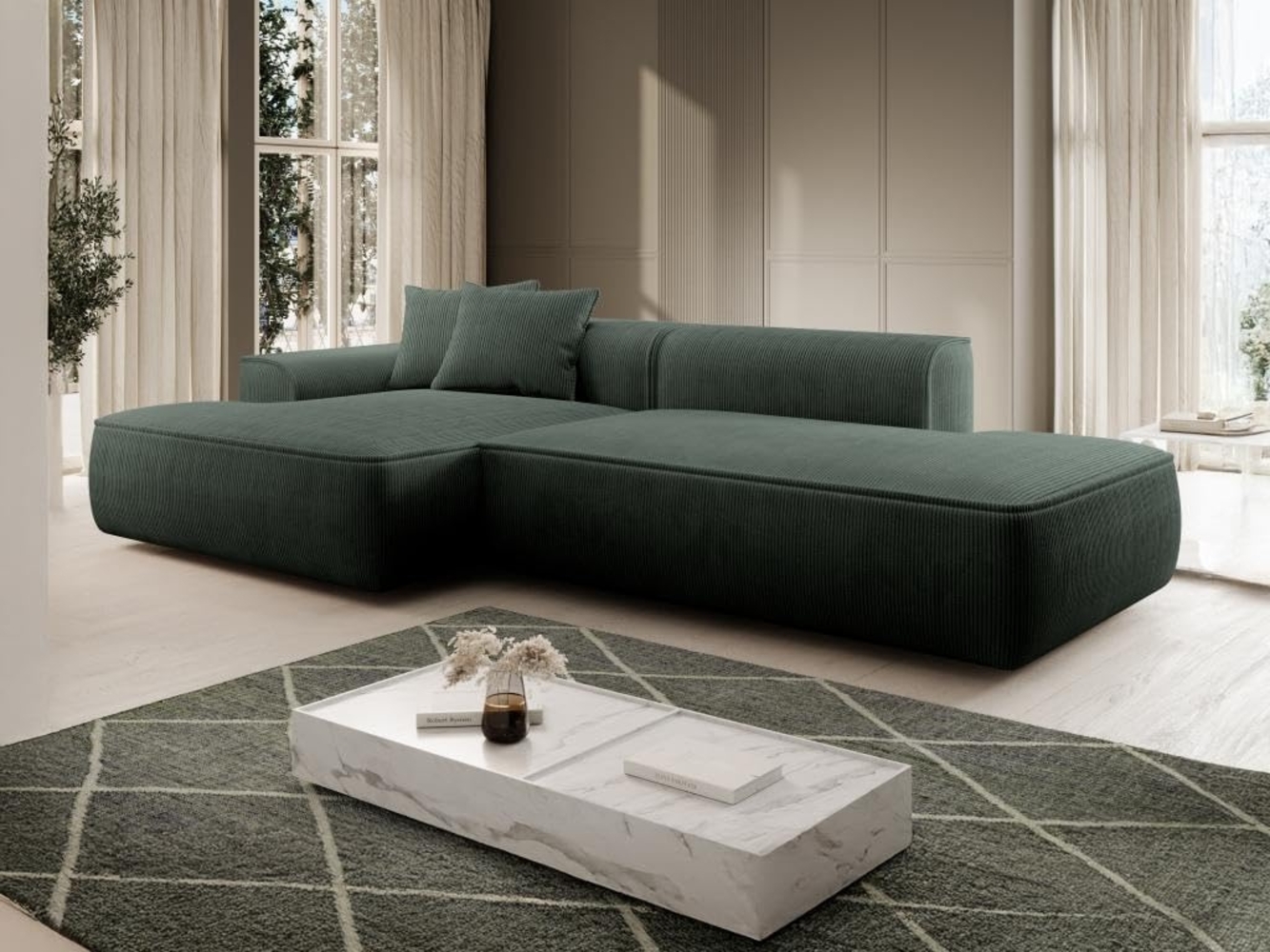 Vente-unique - Ecksofa - Ecke links - Cord - Grün - Tannengrün - ERYNEL Bild 1
