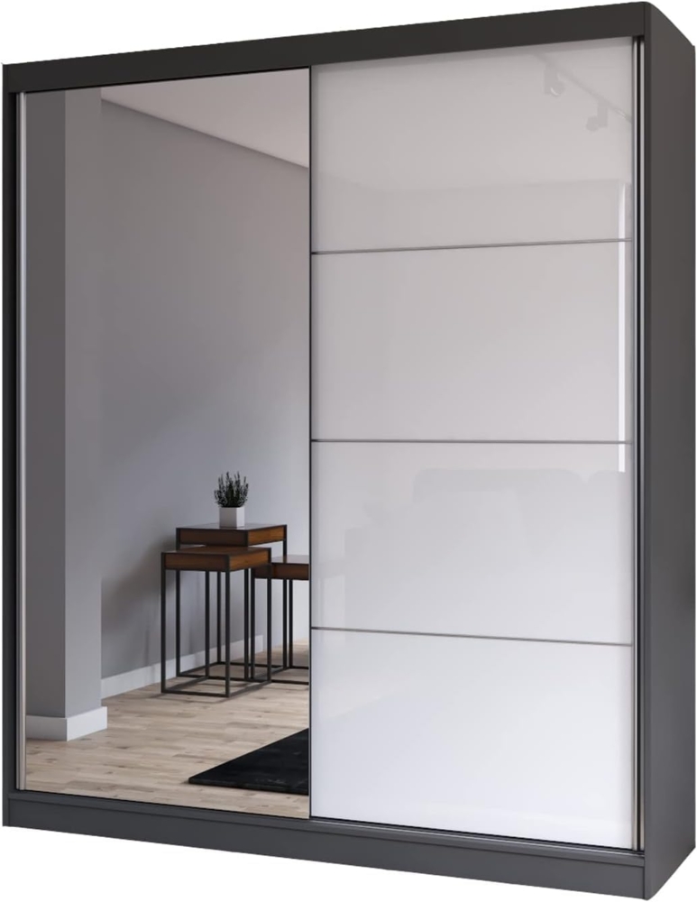 Fabryka Mebli Idźczak Schiebetürenschrank, eleganter Kleiderschrank Schrank Garderobe Spiegel Multi 35-180 cm, Schlafzimmer- Wohnzimmerschrank Schiebetüren Modern Design (Graphit/Weiß) Bild 1