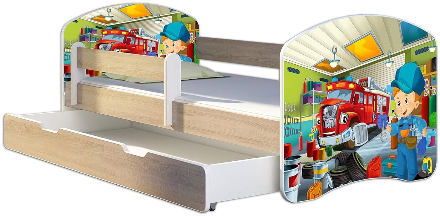 Kinderbett Jugendbett mit einer Schublade und Matratze Sonoma mit Rausfallschutz Lattenrost ACMA II 140x70 160x80 180x80 (45 Mechaniker, 140x70 + Bettkasten) Bild 1