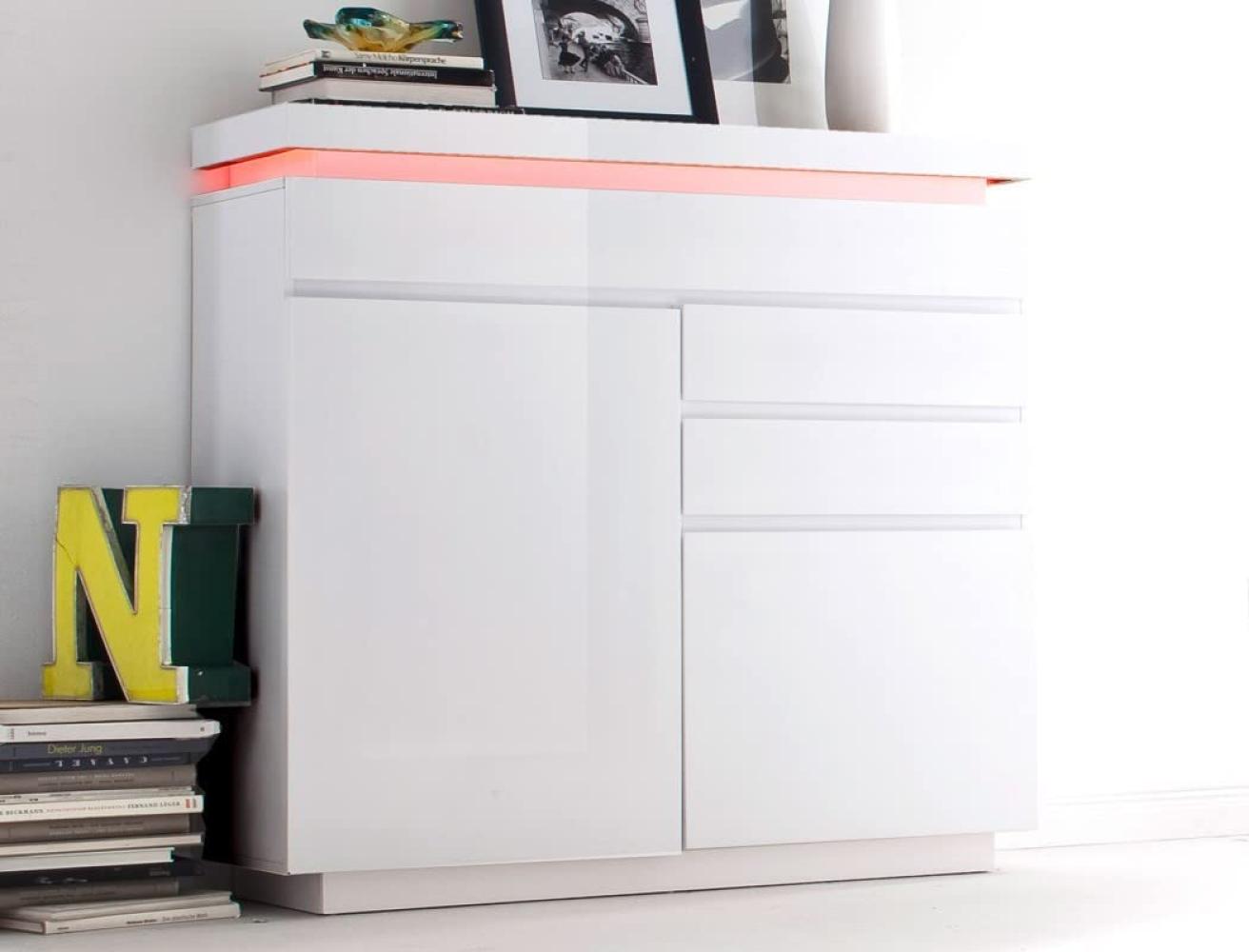 Kommode Odin 120 x 114 x 40 cm Hochglanz weiß LED Beleuchtung Schubkasten Bild 1
