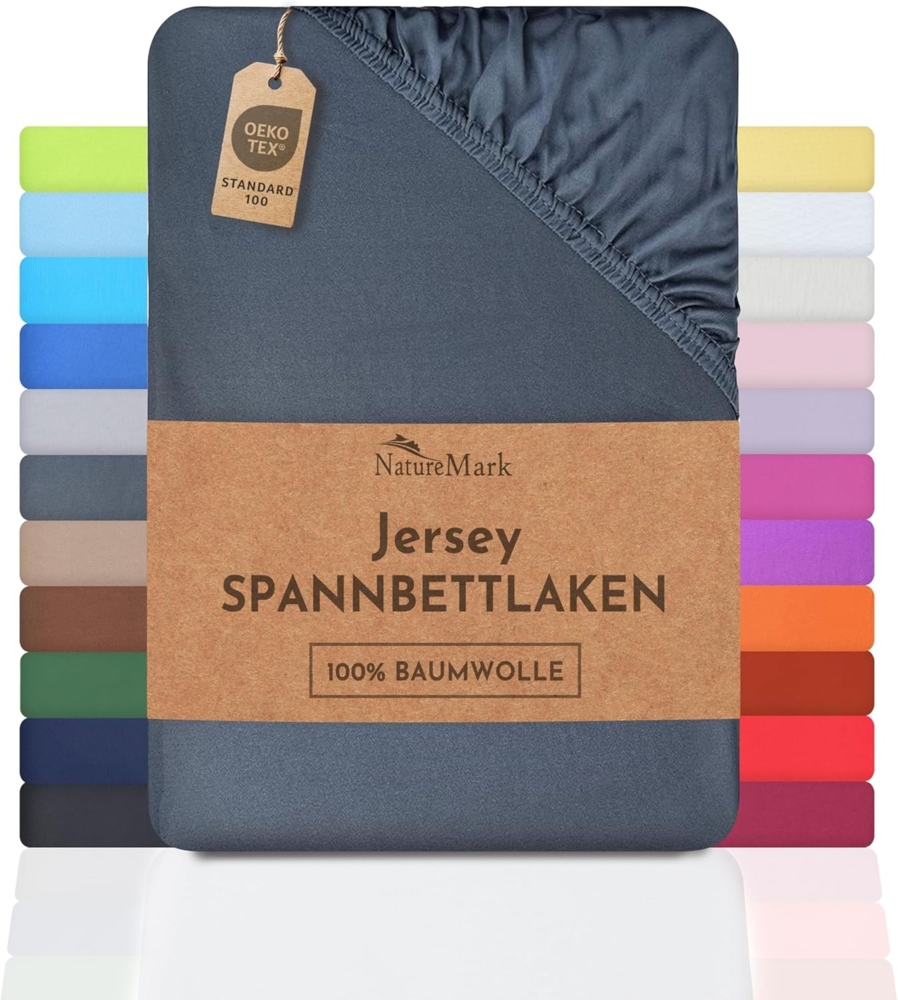 NatureMark Jersey Spannbettlaken, Spannbetttuch 100% Baumwolle in vielen Größen und Farben MARKENQUALITÄT ÖKOTEX Standard 100 | 200x220 cm +40 Steg - anthrazit grau Bild 1