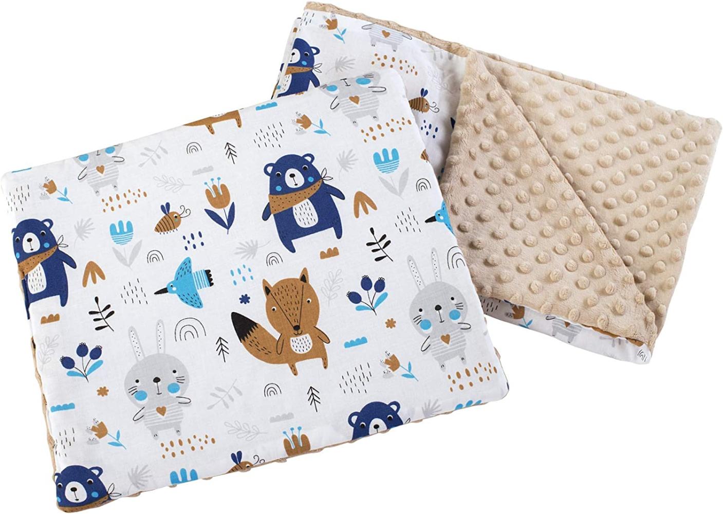 Medi Partners Babydecke Krabbeldecke mit Kissen 100% Baumwolle Minky Kinderdecke 55x75 + 35x30cm multifunktional für Kinderwagen Babyschale Wiege (Tiere im Wald mit beigem Minky) Bild 1