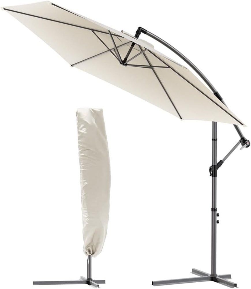 VOUNOT Ampelschirm 300 cm, Sonnenschirm mit Kurbelvorrichtung, Kurbelschirm mit Schutzhülle, Sonnenschutz UV-Schutz, Gartenschirm Marktschirm, Beige Bild 1