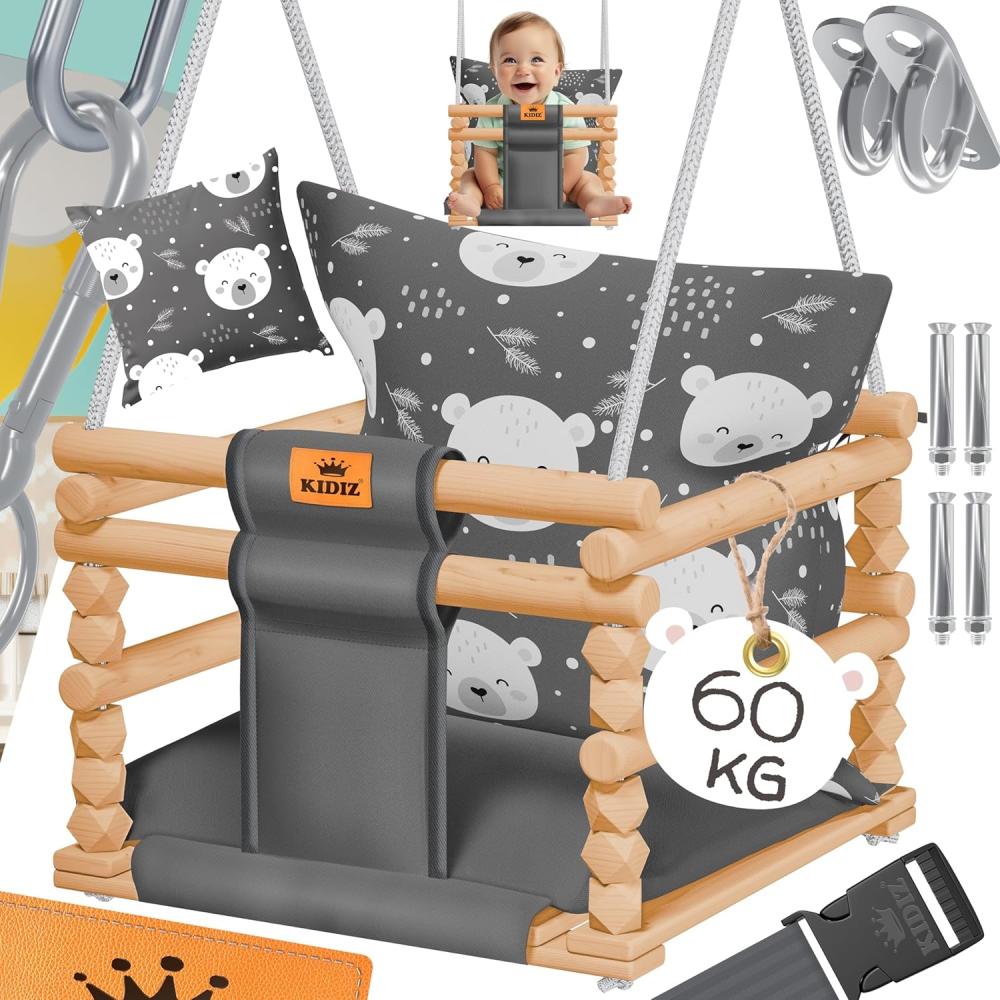 KIDIZ® Babyschaukel Kinderschaukel Schaukelsitz mit Polsterung | Holz-Schaukel mit Anti-Kipp bis 60KG | Höhenverstellbar Indoor & Outdoor | 0,5 - 3 Jahre | Montagezubehör & Sicherheitsgurt Anthrazit mit Muster Bild 1