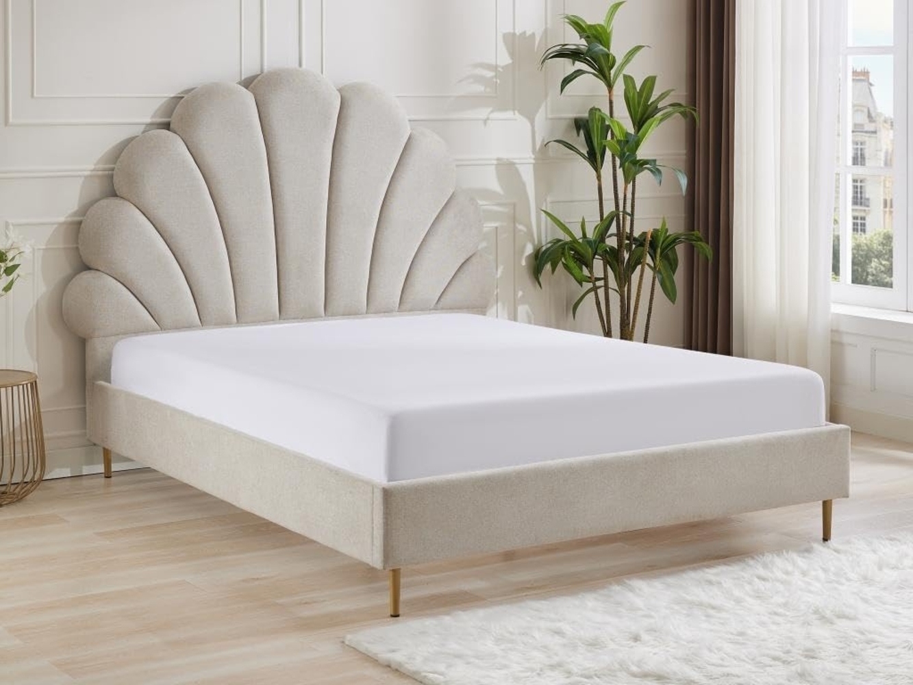 Vente-unique - Bett mit Kopfteil in Muschelform - 160 x 200 cm - Stoff - Beige - LIVAYA Bild 1