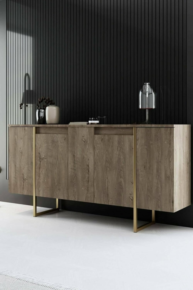 Dmora - Kommode Betel, Wohnzimmerbuffet, Wohnzimmer-Sideboard, Moderne Küchen-Speisekammer, 160x35h80 cm, Walnuss und Gold Bild 1