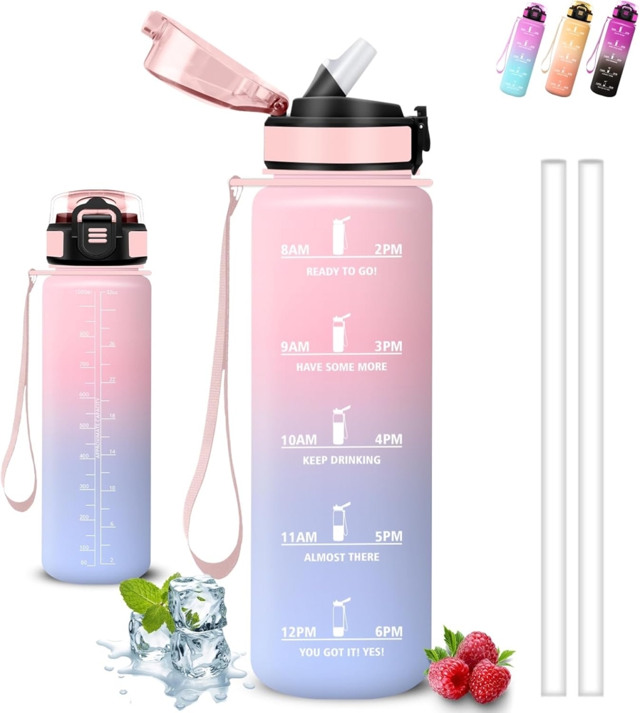 Trinkflasche- 1l- Trinkflasche Sport, Wasserflasche mit Strohhalm, Leicht zu Reinigen, Wasserflasche Auslaufsicher, mit Motivierenden Slogans, Mit Sicherheitsverschluss, Flasche für Wandern, Sport Bild 1