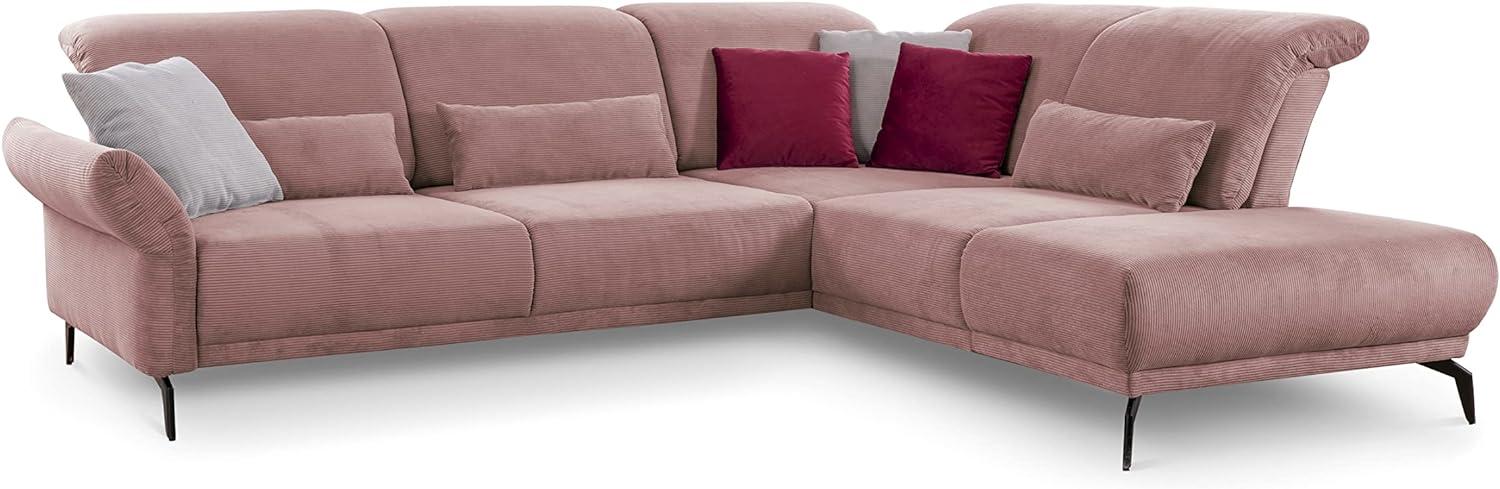 CAVADORE Ecksofa Cooper / Luftige Eckcouch mit Ottomane rechts, schwarzen Metallfüßen und feinem Cord-Bezug / 294 x 88 x 242 / Cord, Rosa Bild 1