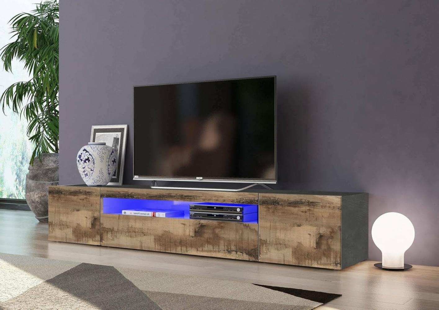 Dmora Wohnzimmer-TV-Ständer, Made in Italy, TV-Ständer im Industriestil mit 3 Türen und Regalen, cm 200x40h37, Farbe Schiefer und Ahorn, mit blauem LED-Licht Bild 1