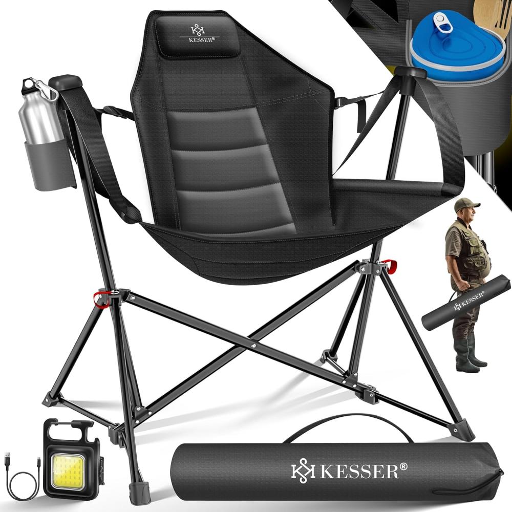 KESSER® Campingstuhl faltbar bis 160 kg | Angelstuhl Faltstuhl Klappstuhl Gepolstert mit Armlehnen | Campinglicht und Getränkehalter + Tasche mit hoher Rückenlehne | Strandstuhl mit Wippfunktion Anthrazit / Schwarz Bild 1