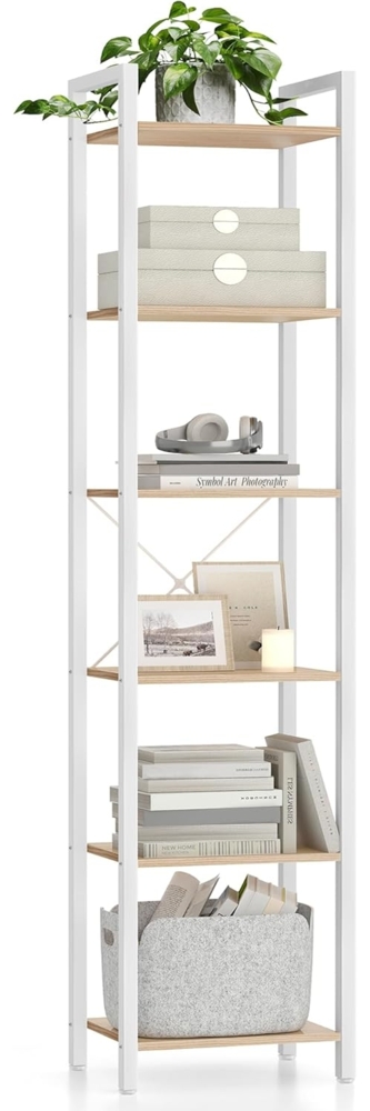 VASAGLE Regal, Bücherregal, Standregal, Aufbewahrungsregal 6 Ebenen, offene Ablagen, Industrie-Design, für Wohnzimmer Büro Arbeitszimmer Flur, Stahlgestell, naturbeige-mattweiß LLS101N01 Bild 1