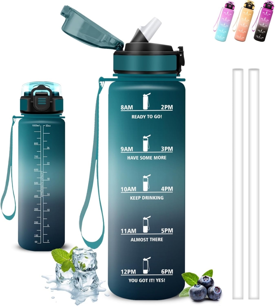 Trinkflasche, Trinkflasche 1l, Wasserflasche mit Strohhalm, Leicht zu Reinigen, Wasserflasche Auslaufsicher, Kann mit dir Tragen, Flasche Motivation, Flasche für Wandern, Fitness, Sport, Camping Bild 1