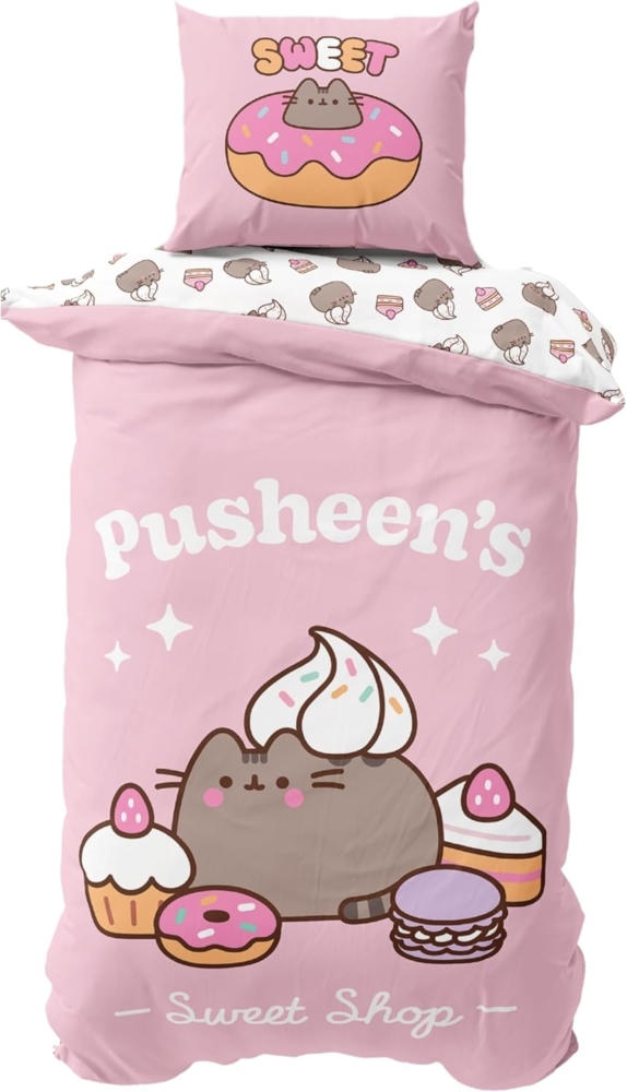 MTOnlinehandel Bettwäsche Pusheen Katze in 135x200 + 80x80 cm, Kawaii, Mikrofaser, 2 teilig, Wendebettwäsche für Kinder und Teenager, süß & niedlich Bild 1