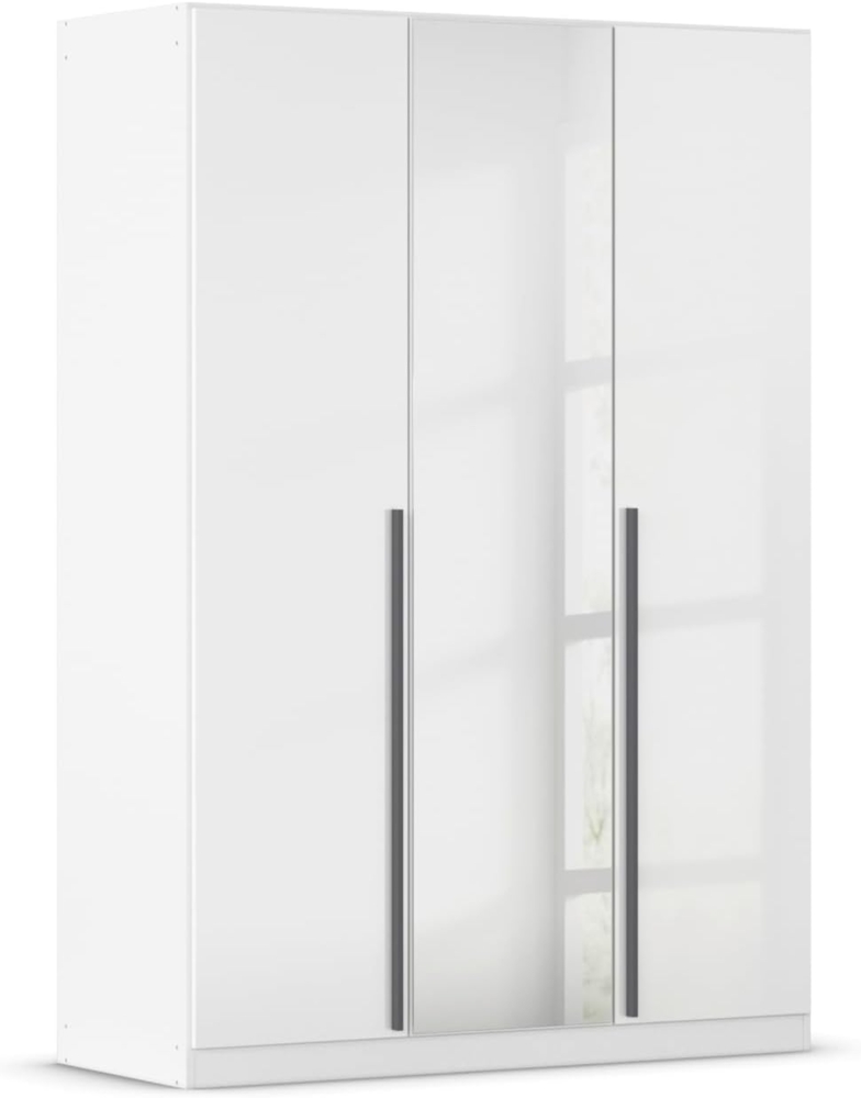 rauch Kleiderschrank Alba, Drehtürenschrank, Garderobenschrank, 3-türig, mit Spiegel, mit 2 Kleiderstangen und 2 Einlegeböden, Farbe Hochglanz Weiß/Weiß, Griffstange Grau metallic, Schwarz, 136x197x54cm Bild 1