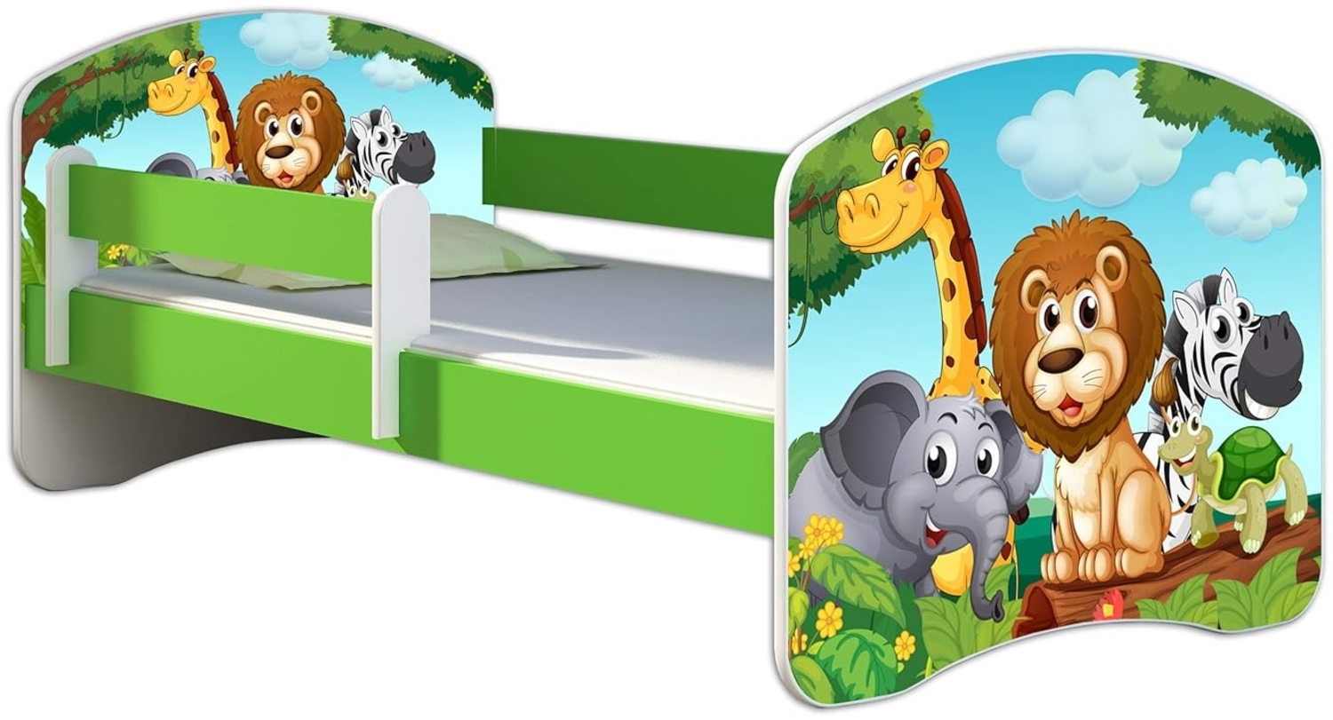 ACMA Kinderbett Jugendbett mit Einer Schublade und Matratze Grün mit Rausfallschutz Lattenrost II 140x70 160x80 180x80 (02 Animals, 140x70) Bild 1