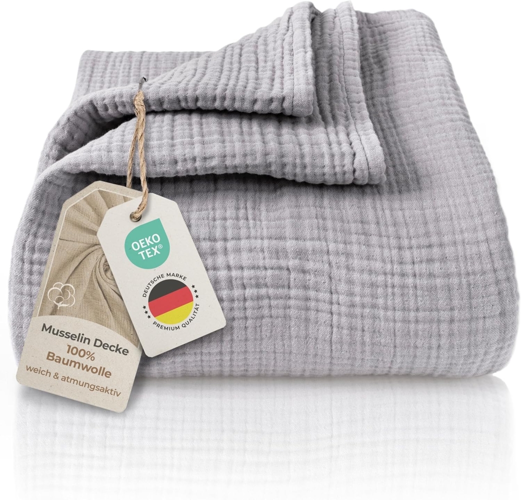 LAYNENBURG Premium Musselin Tagesdecke 220x240 cm XXL - 100% Baumwolle - extraweiche Baumwolldecke als Kuscheldecke, Bett-Überwurf, Sofa-Überwurf, Couch-Überwurf - warme Sofa-Decke (Grau) Bild 1
