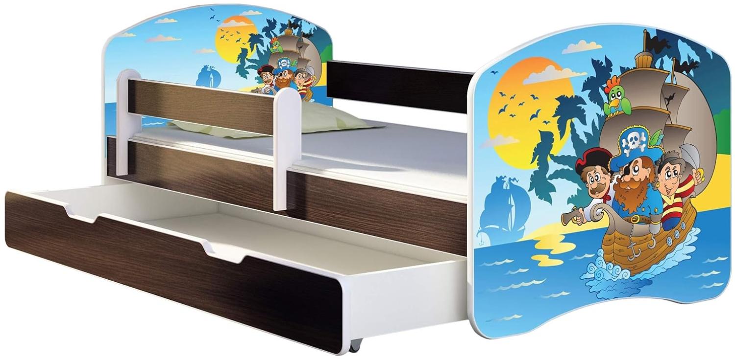 ACMA Kinderbett Jugendbett mit Einer Schublade und Matratze Wenge mit Rausfallschutz Lattenrost II 140x70 160x80 180x80 (21 Piraten, 180x80 + Bettkasten) Bild 1