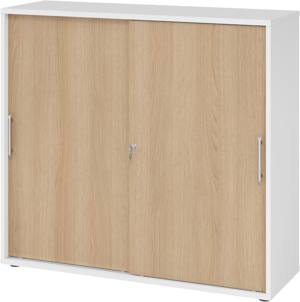 bümö® Schiebetürenschrank mit Schloss | Aktenschrank abschließbar für Ordner | Büroschrank mit Schiebetüren für Akten in Weiß-Eiche Bild 1