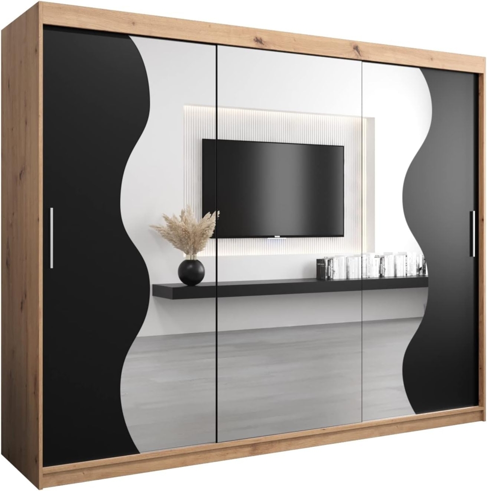 KRYSPOL Schwebetürenschrank Madryt 250 cm mit Spiegel Kleiderschrank mit Kleiderstange und Einlegeboden Schlafzimmer- Wohnzimmerschrank Schiebetüren Modern Design (Artisan Eiche + Schwarz) Bild 1