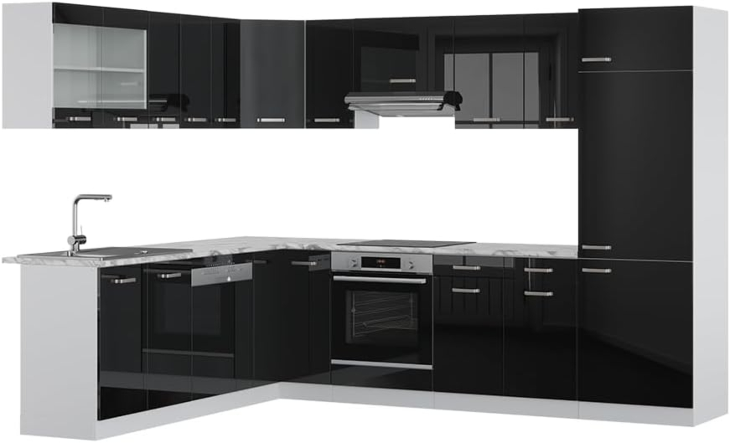 Eckküche R-Line Schwarz Hochglanz 287 x 60 cm , AP Marmor Vicco Bild 1