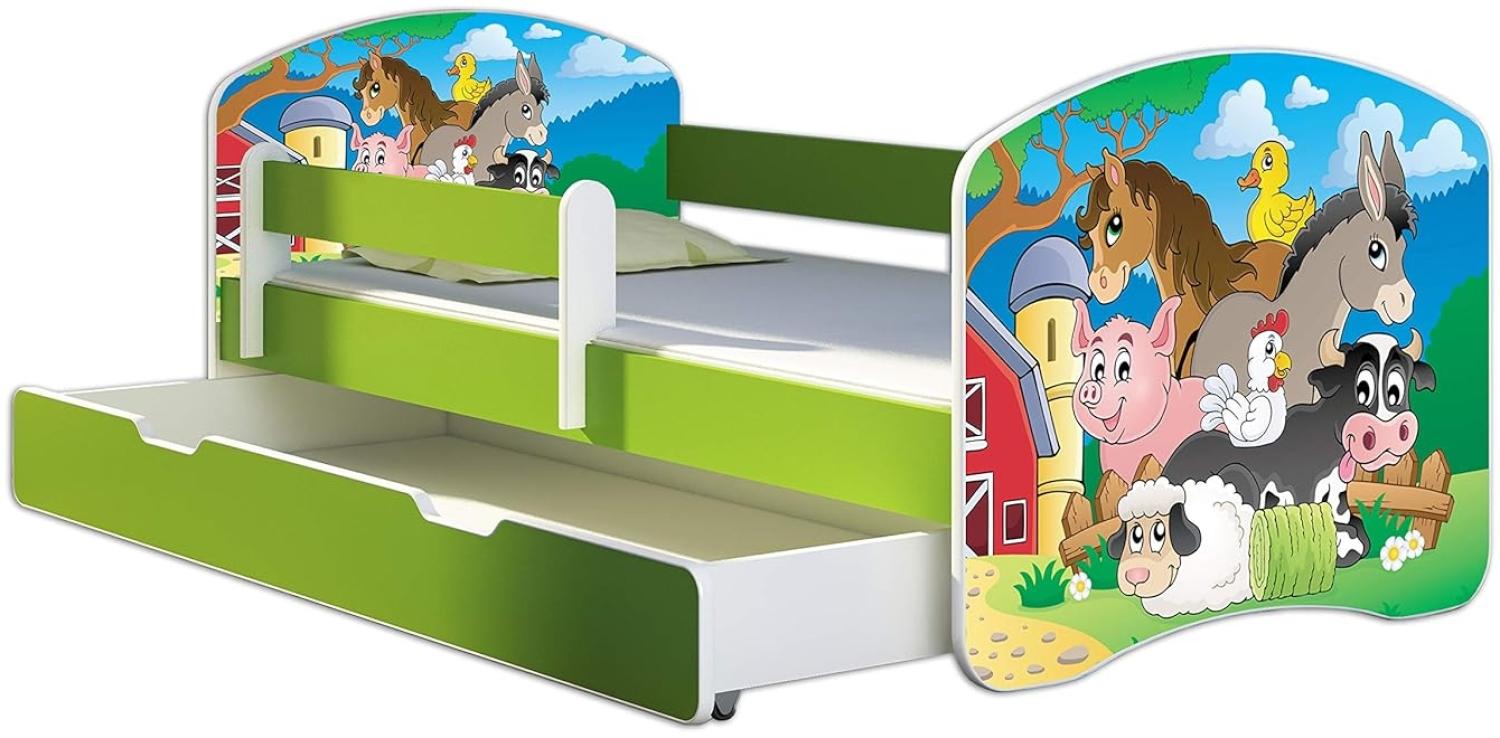 ACMA Kinderbett Jugendbett mit Einer Schublade und Matratze Grün mit Rausfallschutz Lattenrost II 140x70 160x80 180x80 (34 Farm, 180x80 + Bettkasten) Bild 1