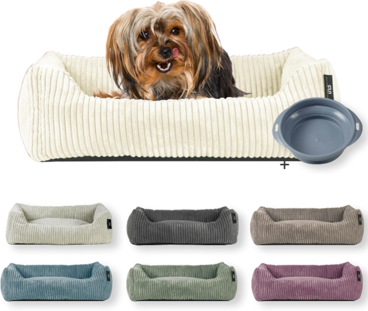 Rohrschneider Tierbett Hundebett Cord für kleine Hunde mit waschbarem Bezug inkl. Futternapf, antiruschbeschichtete Unterseite Bild 1