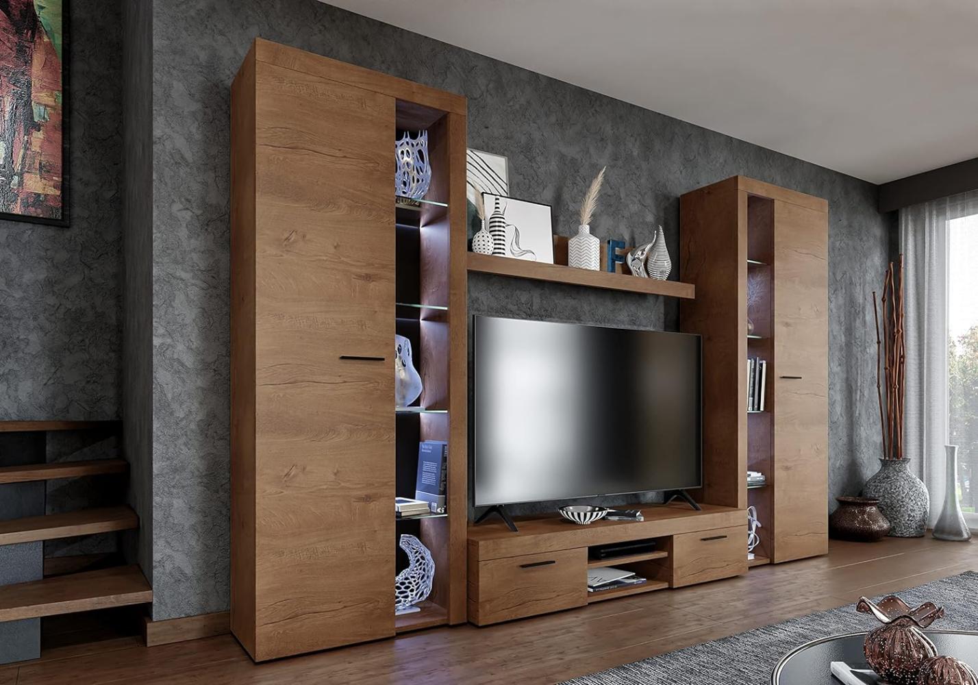 FURNIX Wohnwand Riva XL Mediawand Holz Wohnzimmer 4-TLG Komplett-Set mit LED - TV Lowboard, Highboard Vitrine, Wandregal - Modern Freistehend - B 300 x H 190 x T 40,2 cm, Farbe Lefkas Eiche Bild 1