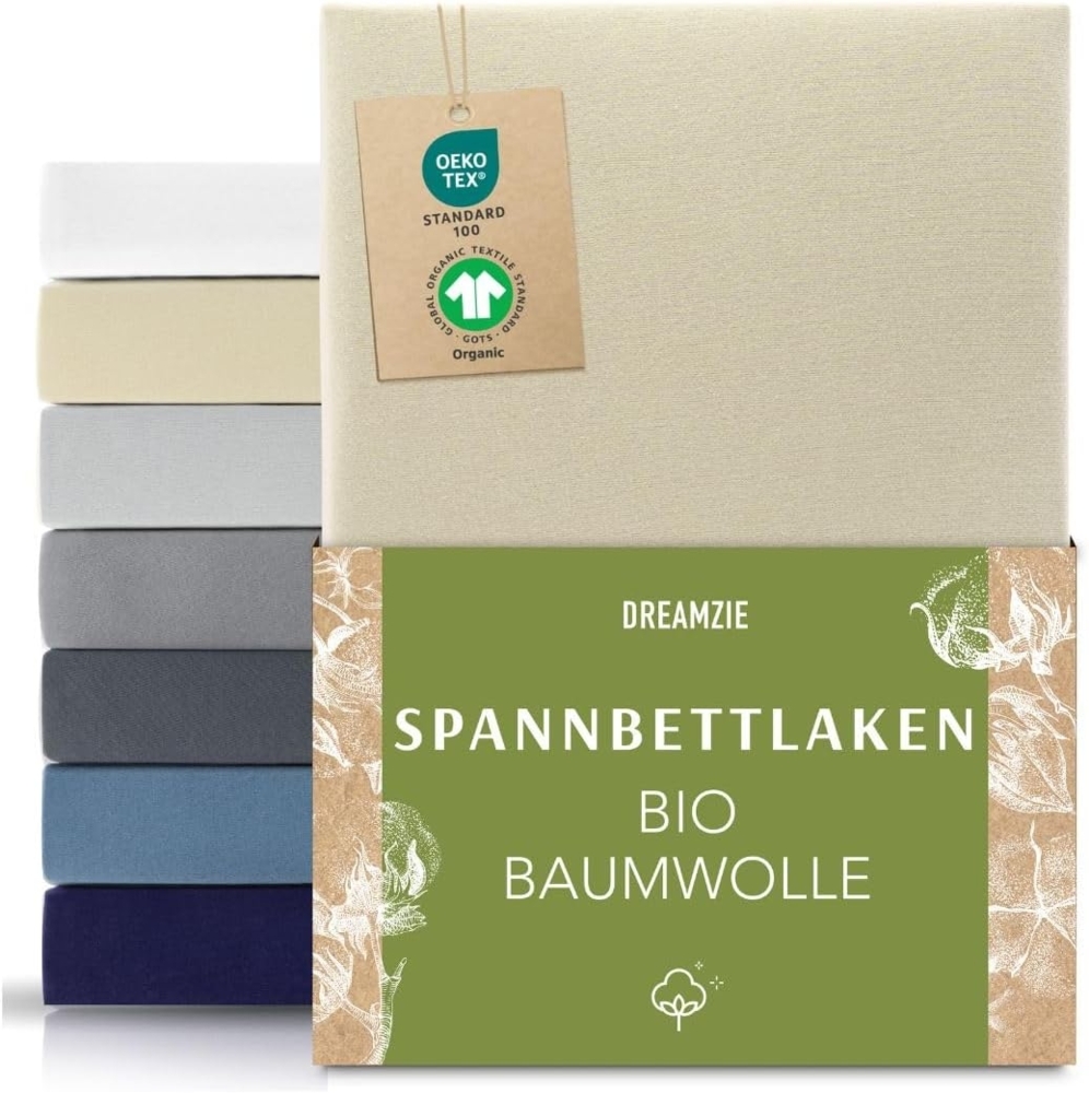 Dreamzie Premium Spannbettlaken 70x160 cm Beige, Spannbetttuch aus 100% Jersey Biobaumwolle, 150 g/m² - Oeko-TEX Bild 1
