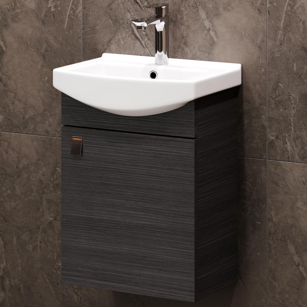 Planetmöbel Badmöbel Set aus Waschtisch mit Unterschrank 45cm in Anthrazit, Waschbecken und Armatur in Chrom, Zeitloses Badezimmerset Bild 1
