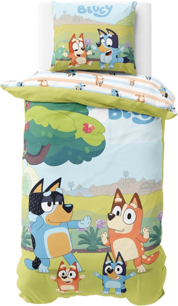 MTOnlinehandel Kinderbettwäsche Bluey Renforcé in 135x200 + 80x80 cm, Geschenkidee, 100% Baumwolle, 2 teilig, Wendebettwäsche für Mädchen und Jungen, Bingo & Bluey Bild 1