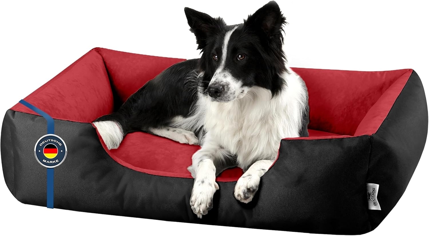 BedDog Hundebett LUPI, Hundesofa aus Cordura, Microfaser-Velours, waschbares Hundebett mit Rand, Hundekissen vier-eckig (L) ca. 80x65x18cm, OBSYDIAN (schwarz/rot) Bild 1