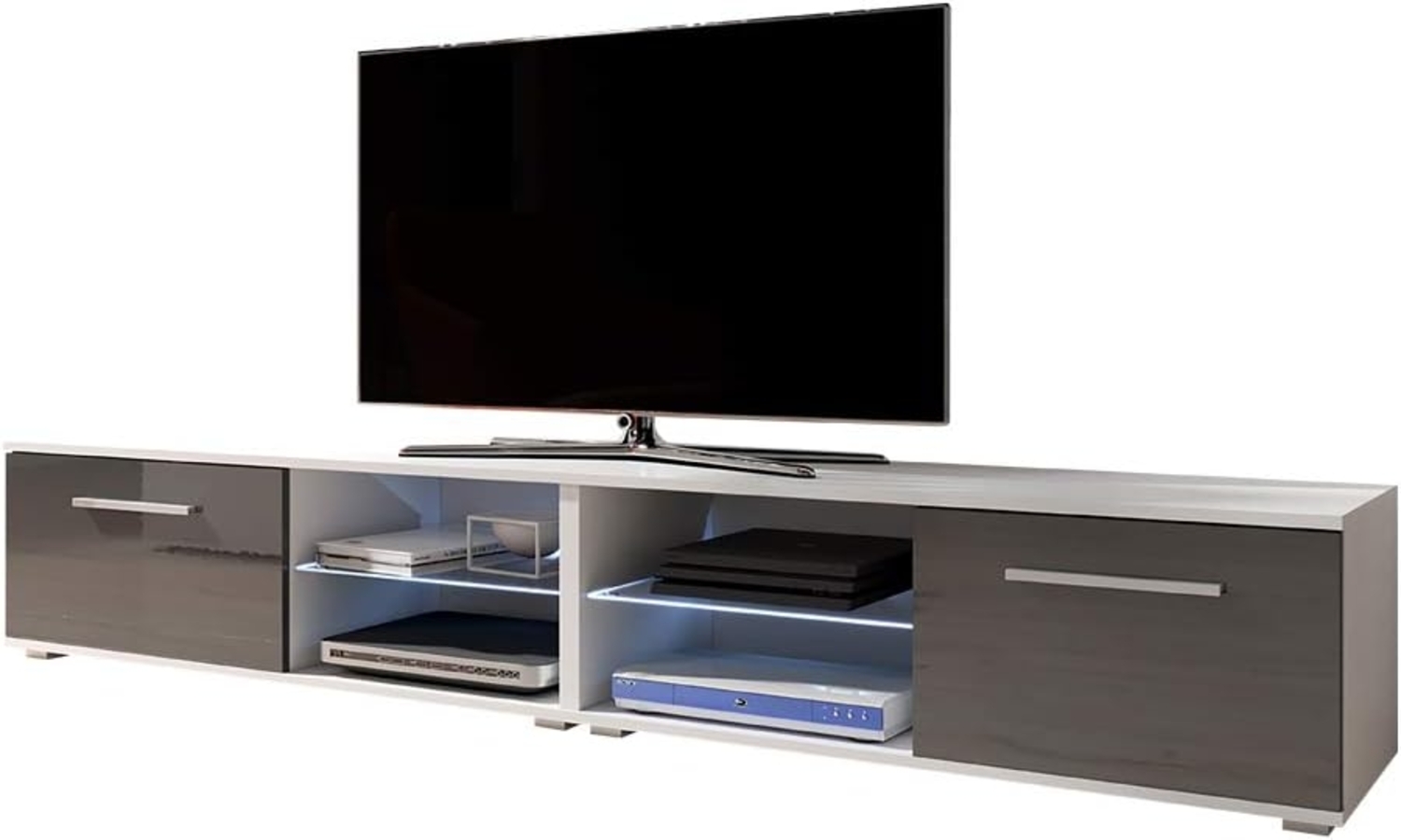 Tenus Double – Fernsehschrank / TV-Lowboard mit LED modern 200 cm (Weiß Matt / Grau Hochglanz) Bild 1