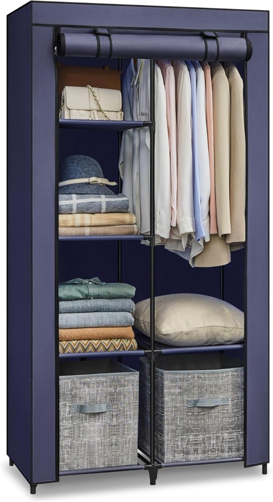 Songmics Kleiderschrank, Stoffschrank, 6 Ablagen, Verschiedene Aufbaumöglichkeiten, 88 x 45 x 168 cm, für Schlafzimmer, Ankleidezimmer, dunkelblau RYG084I02 Bild 1