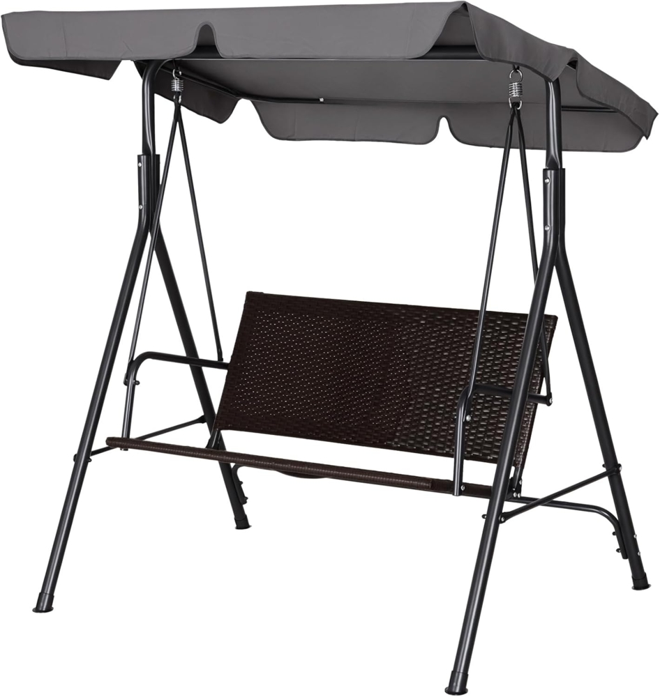 Outsunny Hollywoodschaukel mit Verstellbares Sonnendach, Rattan, 2-Sitzer, Relaxfunktionen, Schaukelbank, 1 tlg, Gartenschaukel, für Garten, Balkon, Schwarz Bild 1