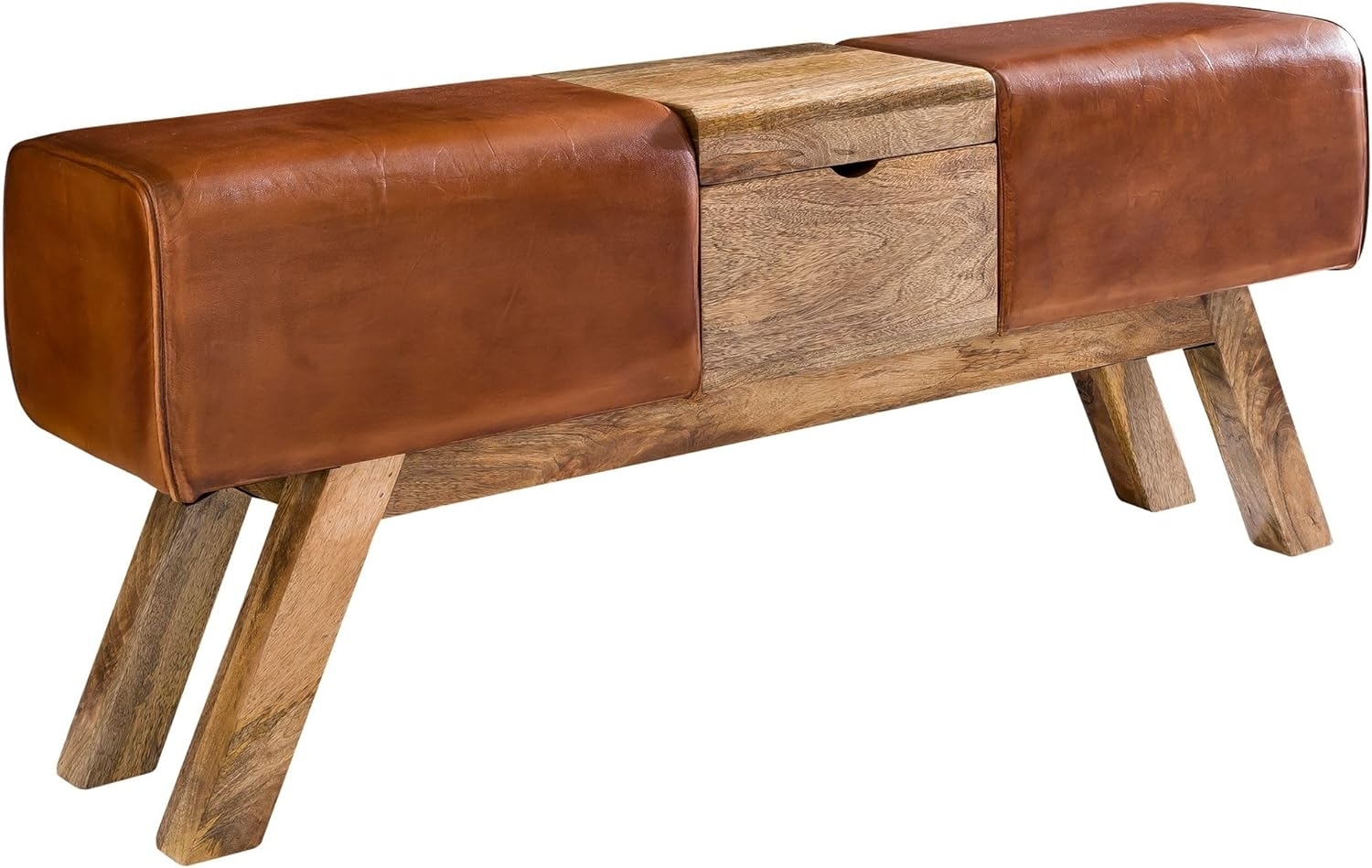 FineBuy Design Turnbock Sitzbank Braun Aufbewahrungsfach 120 x 29 x 53 cm | Turnhocker Bank aus Echtleder Klappfach | Hocker Garderobenbank Sitzhocker Springbock Turnbank Bild 1