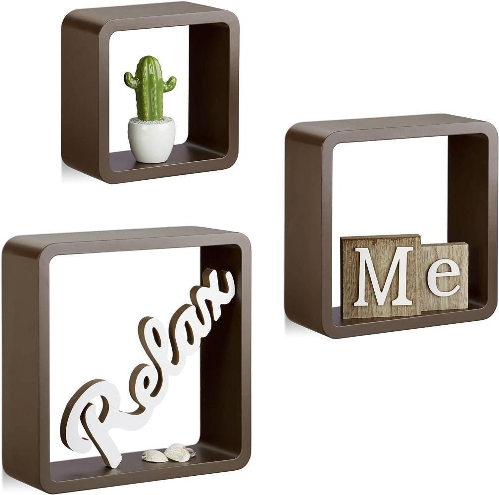 Relaxdays Hängeregal Cube 3er Set, Wandboard freischwebend, Wandregal Holz, quadratisch, schmal, MDF, Würfel, braun Bild 1