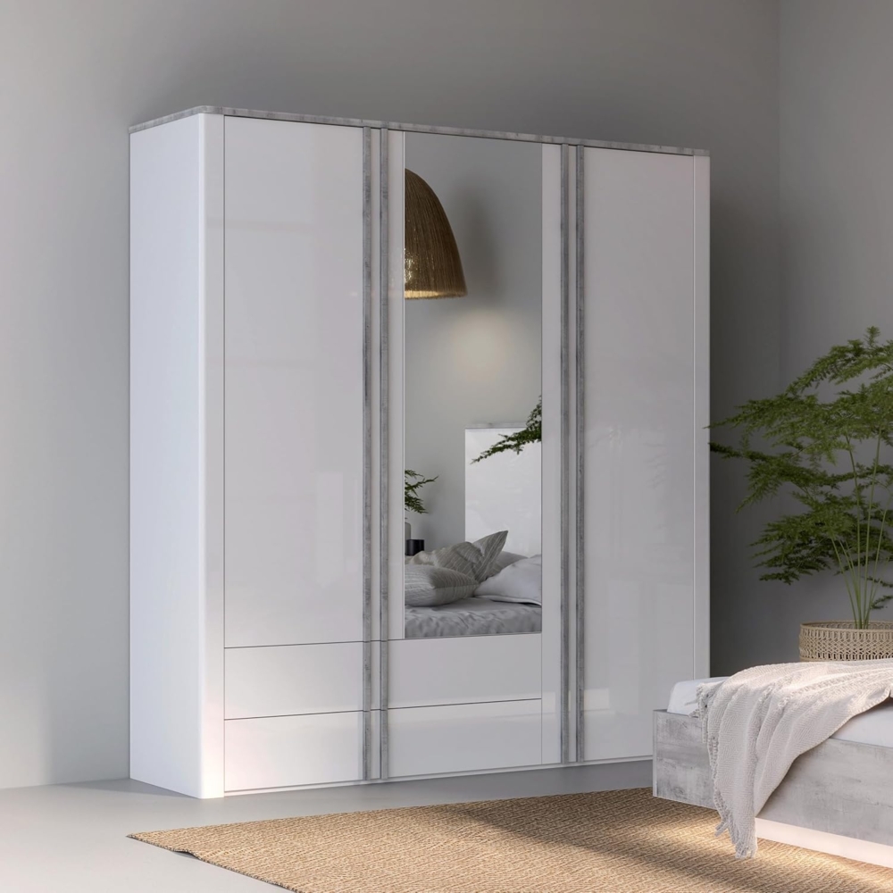 FORTE BUGANVILLA Kleiderschrank 200, moderner 2-türiger Drehtürenschrank mit Spiegel, Holzwerkstoff, Weiß mit Betonoptik, 201 cm breit, 215,6 cm hoch, 58,4 cm tief Bild 1