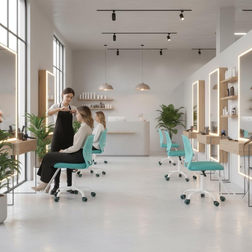 FurnitureR Friseurstuhl ergonomischer Drehstuhl ohne Armlehnen, höhenverstellbar, Netzrückenlehne, Metallfuß mit Rollen, 38x40 cm Sitz, belastbar 130kg, für Salon & Spa, Grün Bild 1