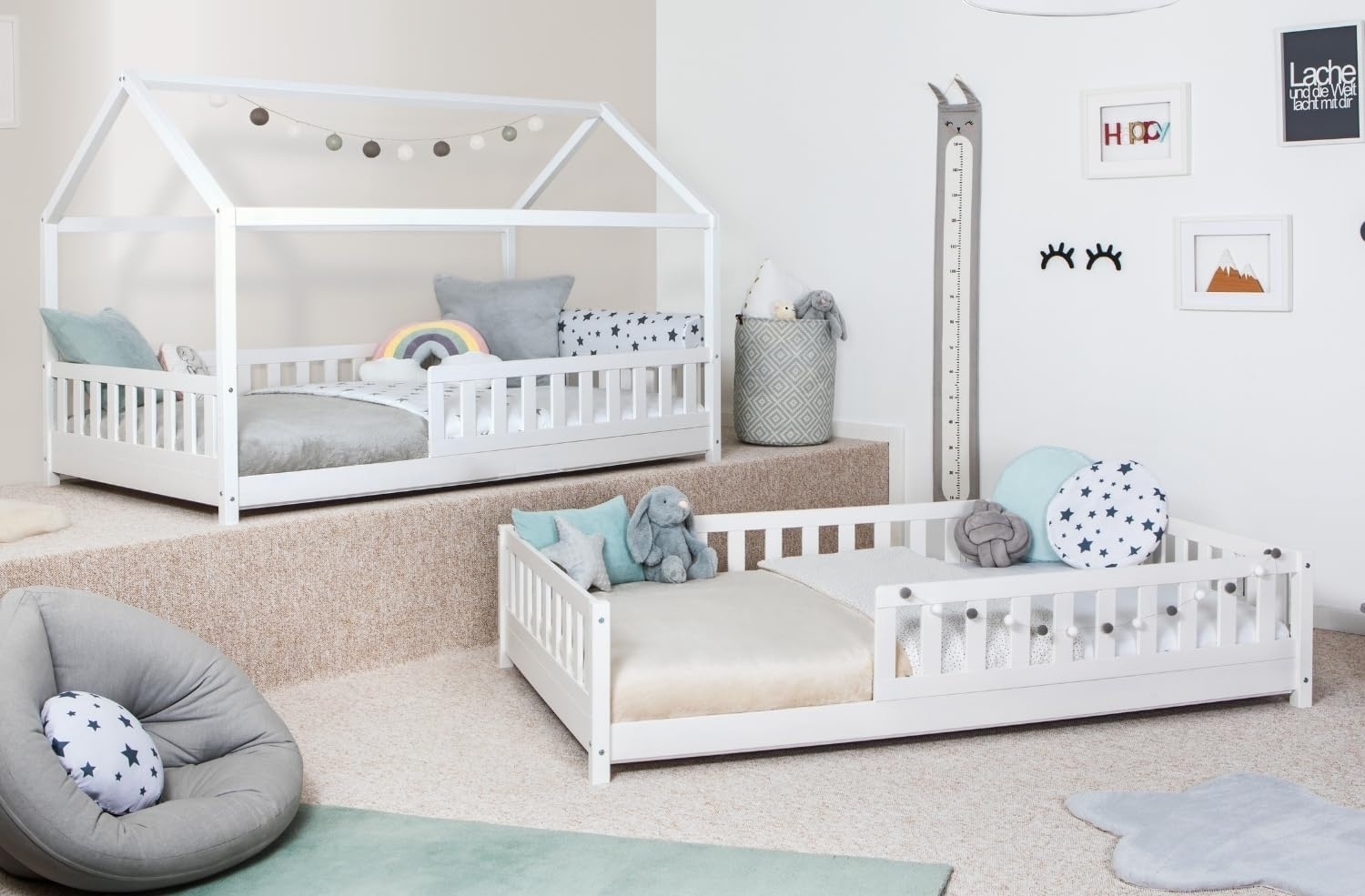 Ticaa Hausbett Duo mit Rausfallschutz aus Kiefer, Bodenbett 140x200, inkl. abnehmbarem Dach, mit Rollrost Bild 1