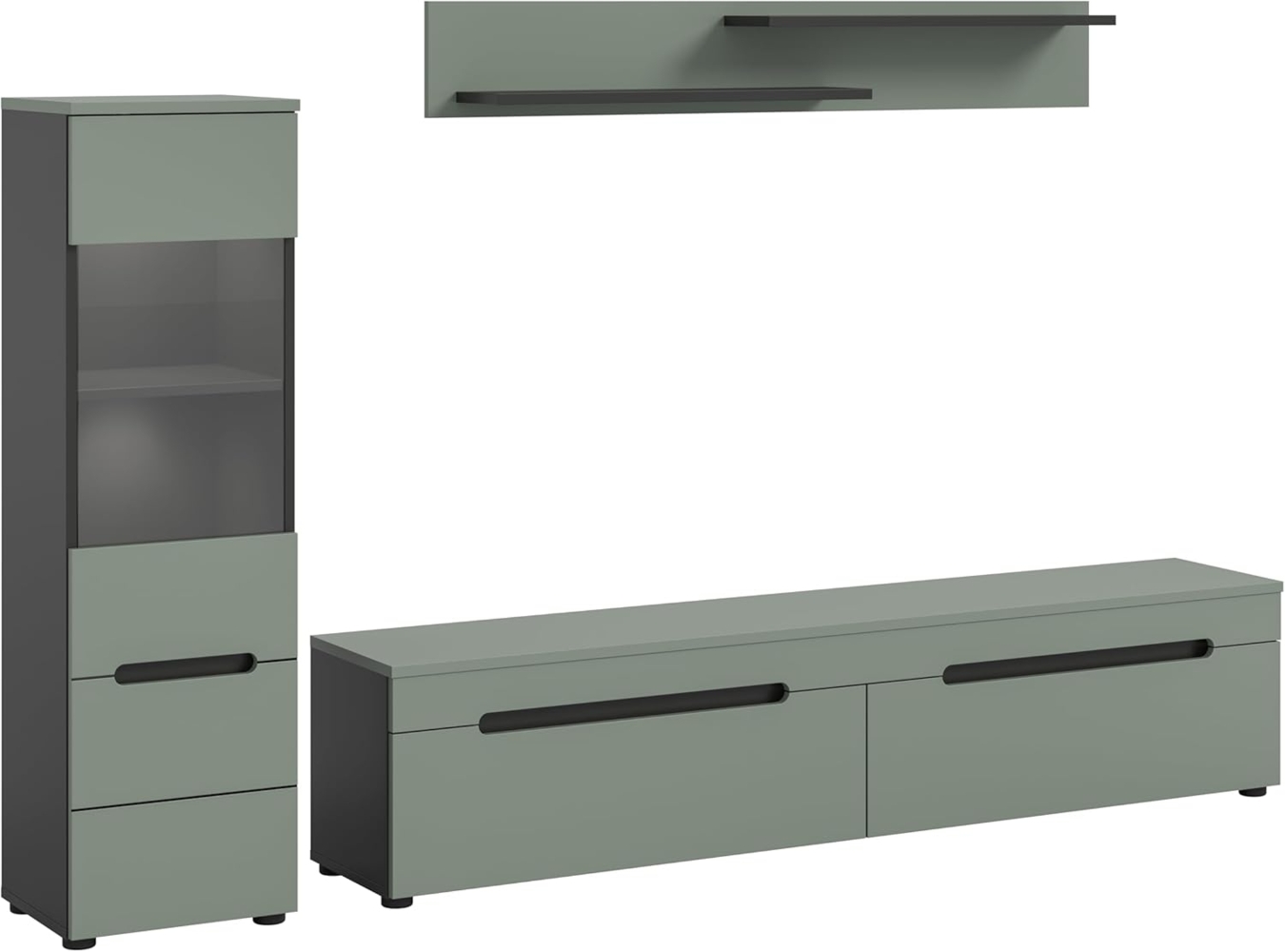 xonox. home - Wohnwandkombination Canu 3tlg. 221 x 141 x 33 cm in Korpus Basalt grau Nb, Front Smoke Green Nb. - Wohnkombination Wohnzimmermöbel Wohnzimmerschrank Möbelkombination Wohnzimmerset Bild 1
