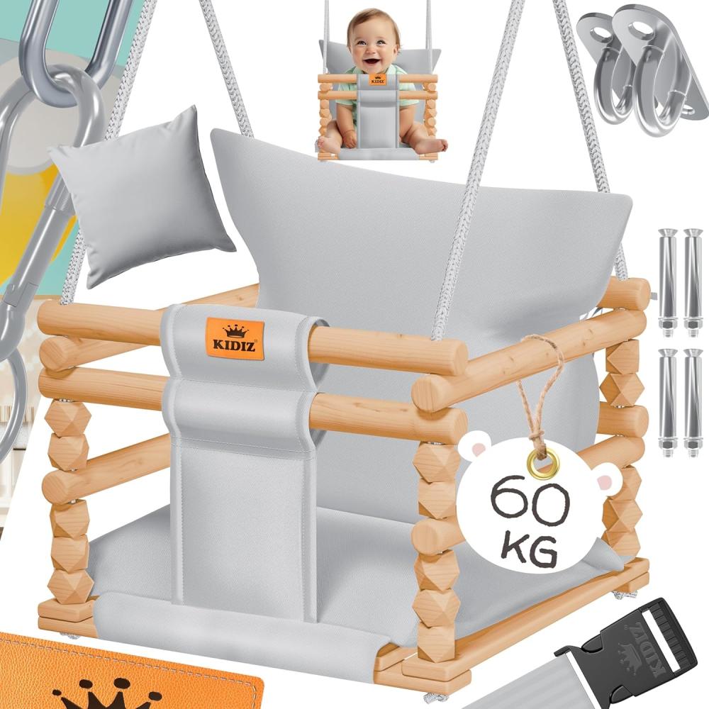 KIDIZ® Babyschaukel Kinderschaukel Schaukelsitz mit Polsterung | Holz-Schaukel mit Anti-Kipp bis 60KG | Höhenverstellbar Indoor & Outdoor | 0,5 - 3 Jahre | Montagezubehör & Sicherheitsgurt Hellgrau Bild 1