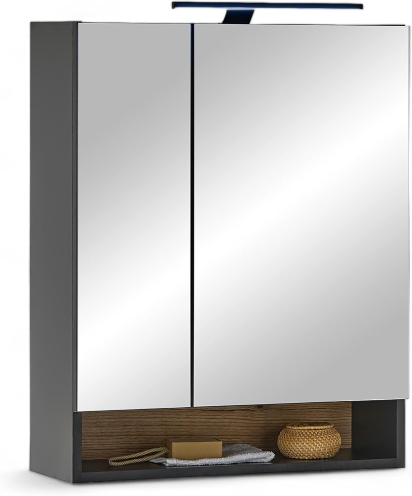 DENVER Spiegelschrank Bad mit LED-Beleuchtung in Schwarz/Evoke Eiche Optik FSC-zertifiziert - Badezimmerspiegel Schrank mit viel Stauraum - 60 x 75 x 22 cm (B/H/T) Bild 1