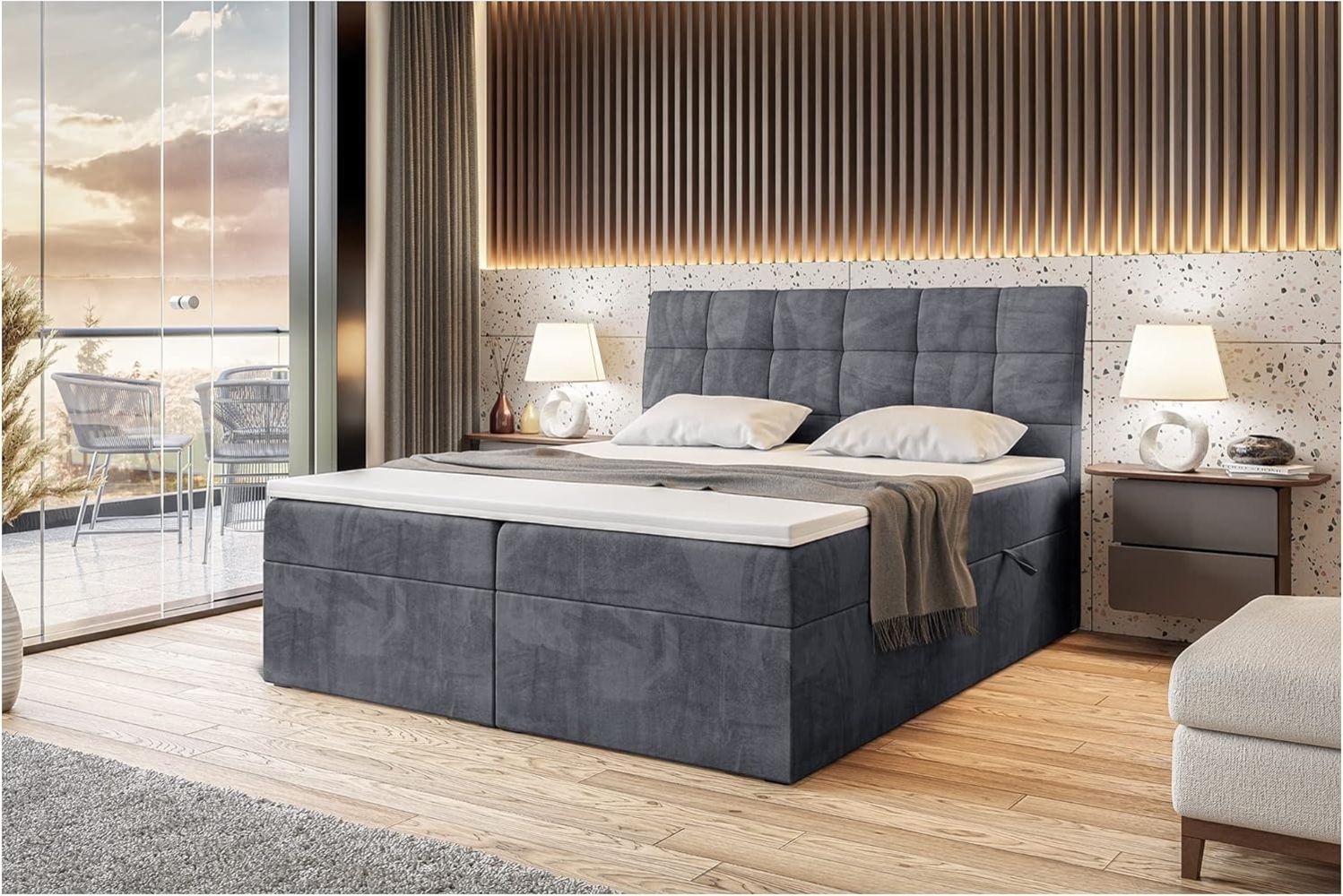 MEBLINI Boxspringbett DRAGO 180x200 cm mit Bettkasten - H3/Dunkelgrau Samt Polsterbett - Doppelbett mit Topper & Taschenfederkern-Matratze Bild 1