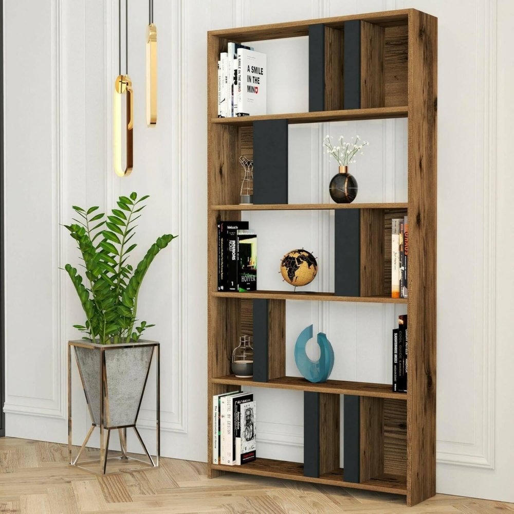 Dmora - Bücherregal Algieba, Büroregal, Mobiler Buchhalter, Bücherbrett, 90x20h180 cm, Walnuss und Anthrazit Bild 1